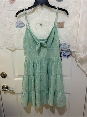 Trixxi Mint Green Tiered Eyelet Midi Dress with Tie Front